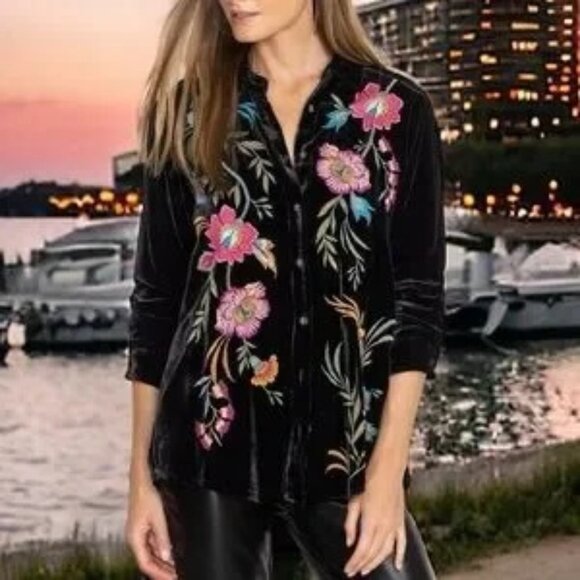 Johnny Was Tops - NWT Johnny Was Workshop Biya JWLA Embroidered Velvet Sidonia Pleat Blouse Top